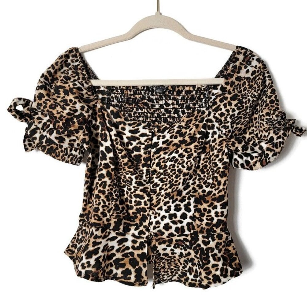 Haute Monde Leopard Animal Print Peplum Smocked Button Up Puff Tie Sleeve Top S